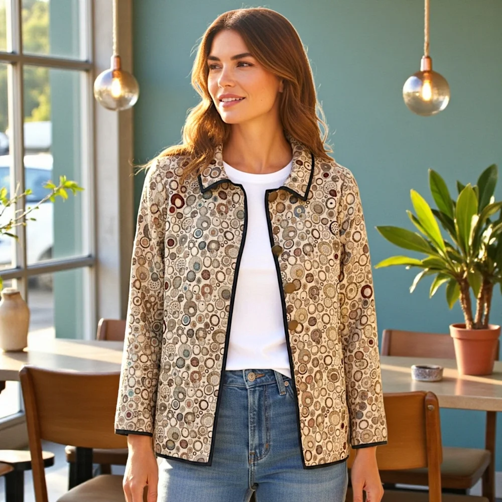 I Reversibles Tapestry Chore Jacket Sz‎ L Boho Damask Utility Boxy Career Button